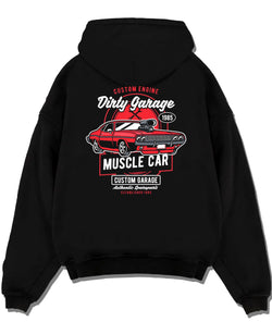 Black pullover hoodie laid flat on a white background, featuring muscle street classic enthusiast racing performance graphic.