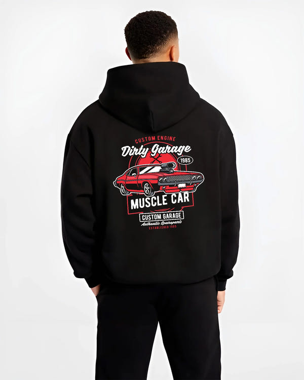Black hoodie worn by a male model, back view, featuring muscle street classic enthusiast racing performance motorsport graphic.