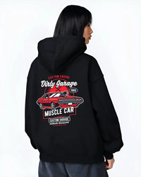 Black hoodie worn by a female model, back view, featuring muscle street classic enthusiast racing performance motorsport graphic.
