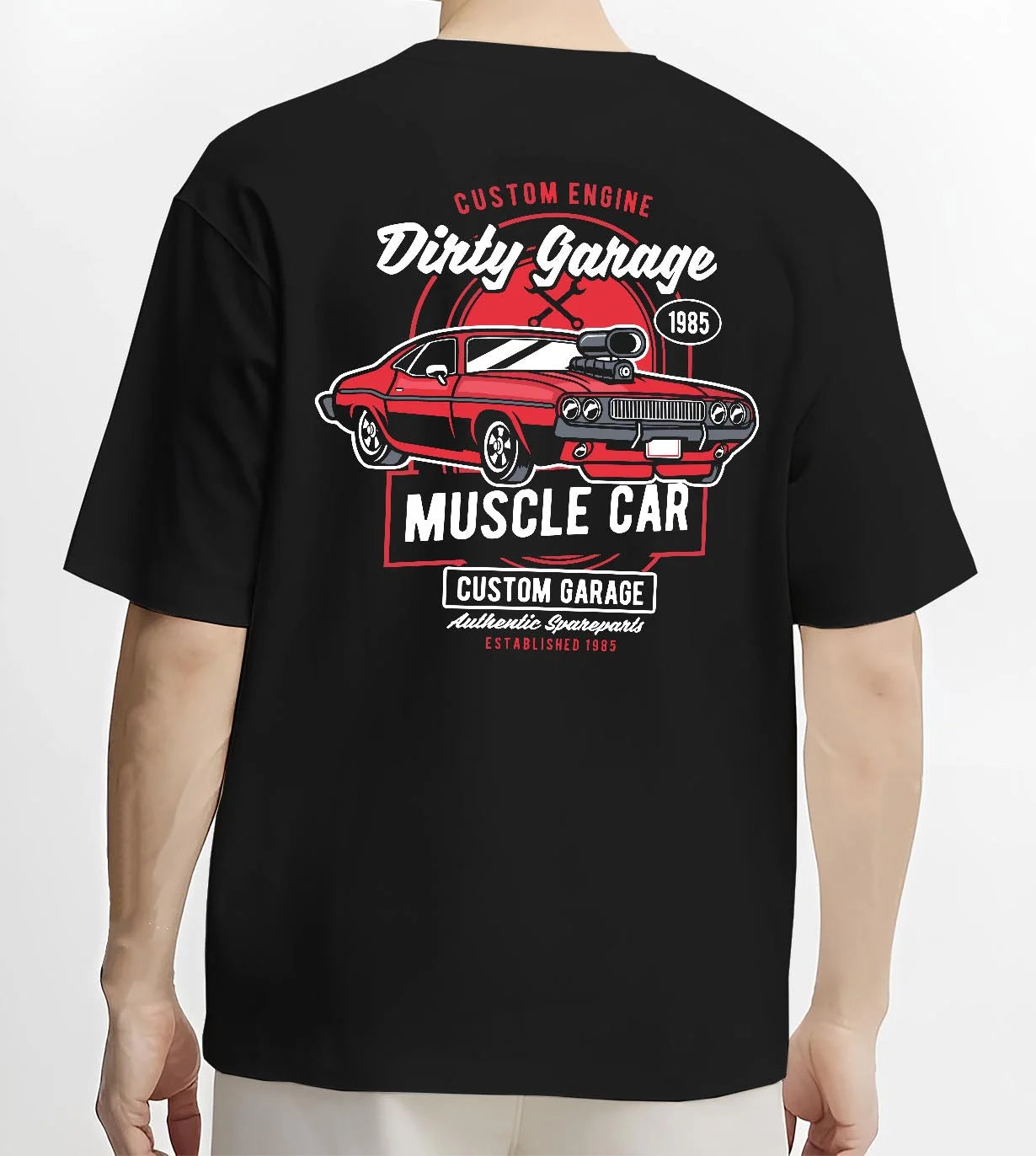 Black T-shirt worn by a male model, back view, featuring muscle street classic enthusiast racing performance motorsport graphic.