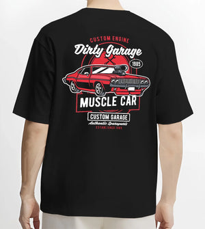 Black T-shirt worn by a male model, back view, featuring muscle street classic enthusiast racing performance motorsport graphic.