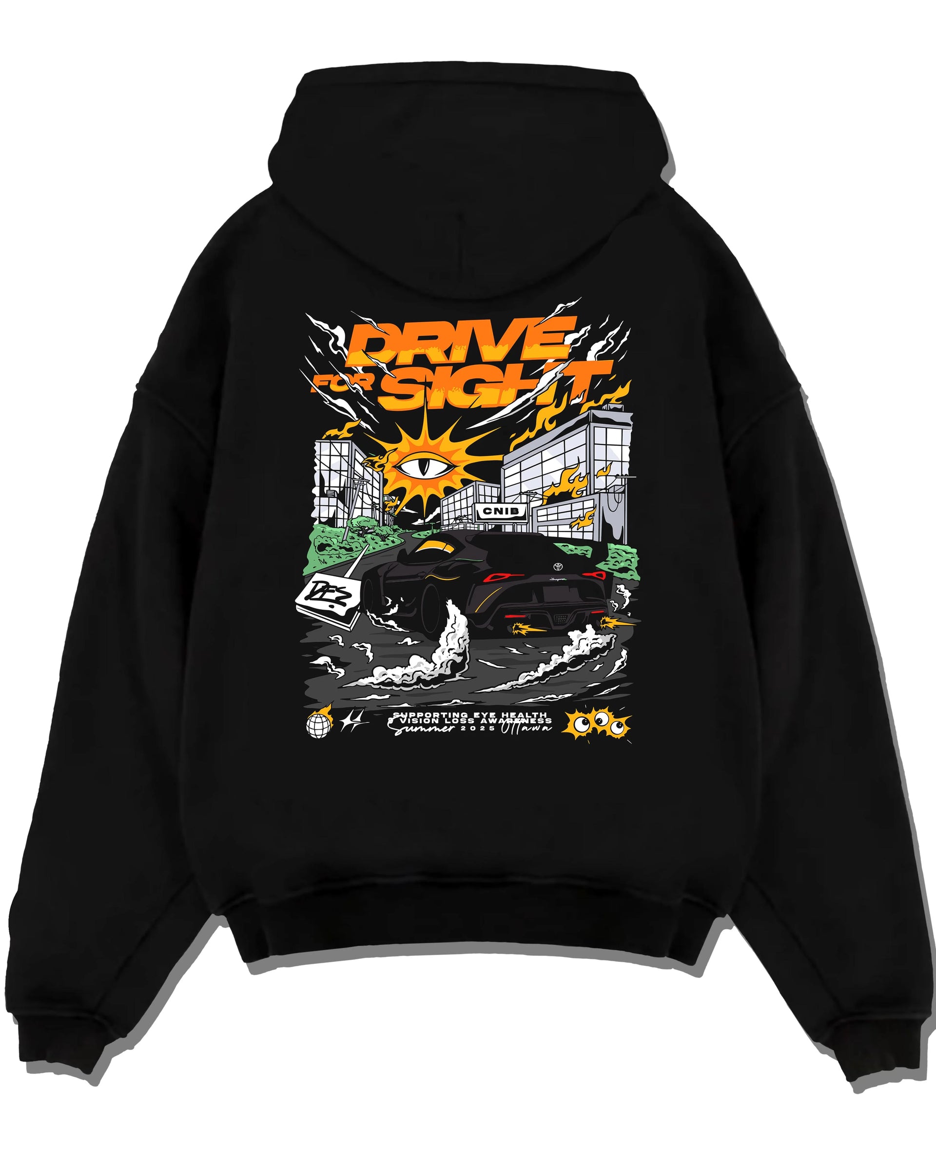 Black pullover hoodie laid flat on a white background, featuring racing drift street performance motorsport automotive graphic.