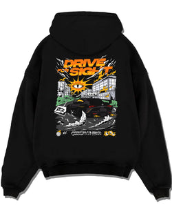 Black pullover hoodie laid flat on a white background, featuring racing drift street performance motorsport automotive graphic.
