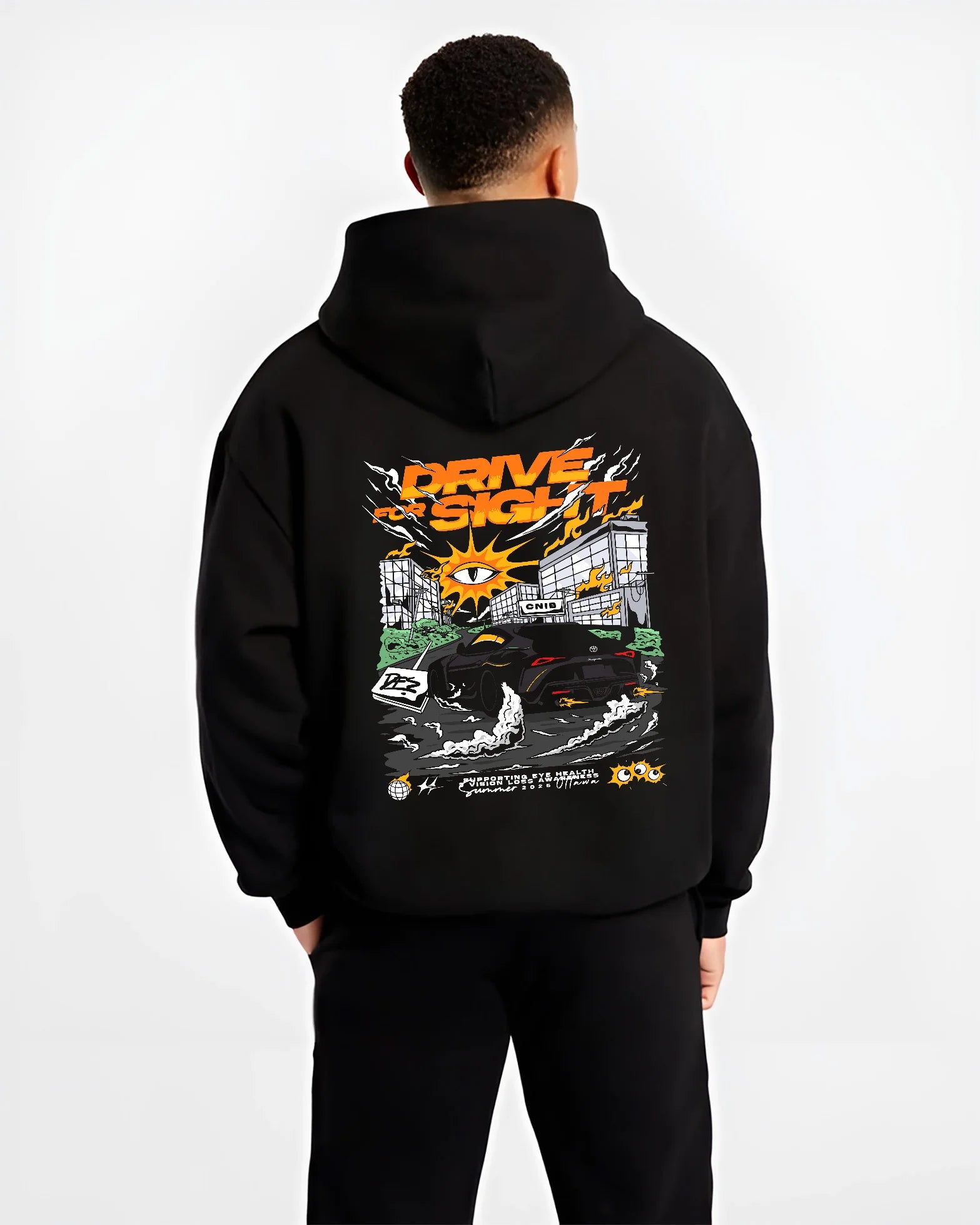 Black hoodie worn by a male model, back view, featuring racing drift street performance motorsport automotive enthusiast graphic.