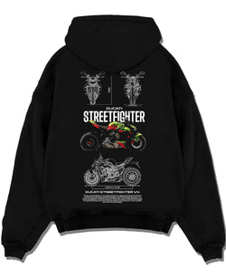 Black pullover hoodie laid flat on a white background, featuring Ducati Streetfighter racing street performance motorsport graphic.