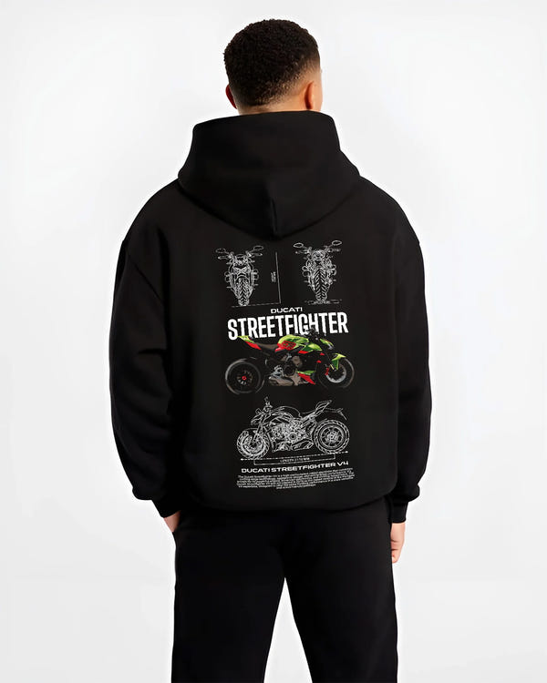Black hoodie worn by a male model, back view, featuring Ducati Streetfighter racing street performance motorsport graphic.