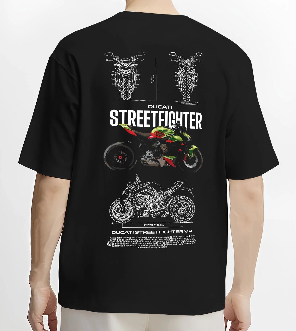 Black T-shirt worn by a male model, back view, featuring Ducati Streetfighter racing street performance motorsport graphic.
