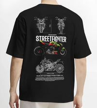 Black T-shirt worn by a male model, back view, featuring Ducati Streetfighter racing street performance motorsport graphic.