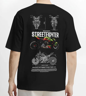 Black T-shirt worn by a male model, back view, featuring Ducati Streetfighter racing street performance motorsport graphic.