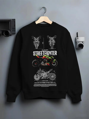 Black crewneck sweatshirt on a hanger against a grey wall, featuring Ducati Streetfighter racing street performance graphic.