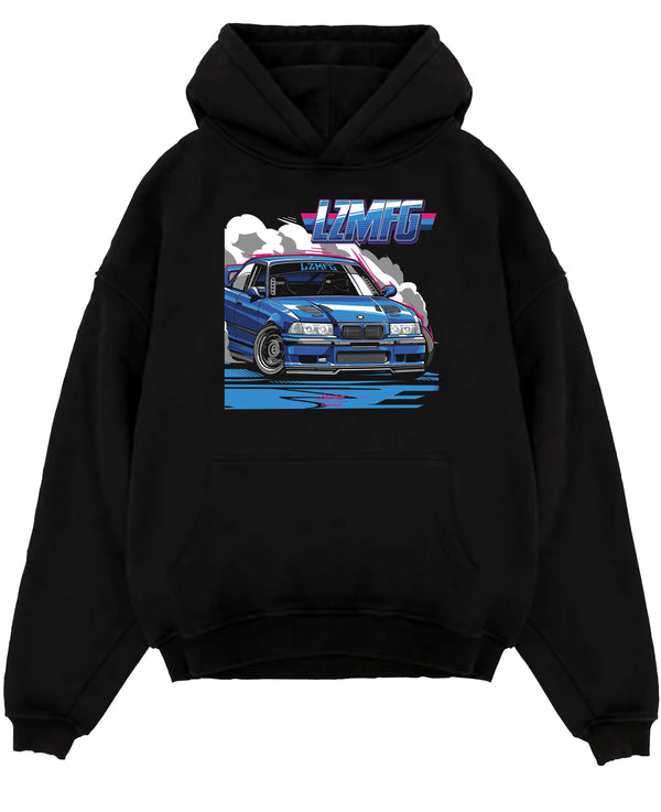 Black pullover hoodie laid flat on a white background, featuring BMW rs turbo racing drift motorsport euro german street e12cls.