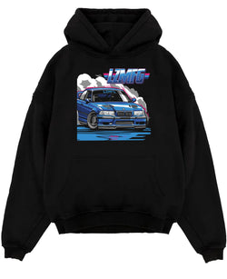 Black pullover hoodie laid flat on a white background, featuring BMW rs turbo racing drift motorsport euro german street e12cls.