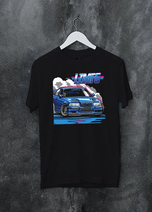 Black crewneck T-shirt on a hanger against a grey wall, featuring BMW rs turbo racing drift motorsport euro german street graphic.