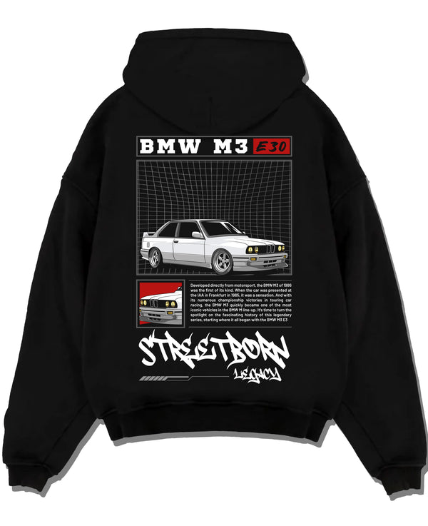 Black pullover hoodie laid flat on a white background, featuring BMW rs turbo racing drift motorsport euro street retro graphic.