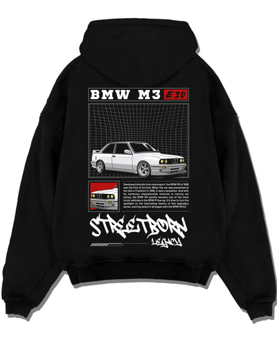 Black pullover hoodie laid flat on a white background, featuring BMW rs turbo racing drift motorsport euro street retro graphic.