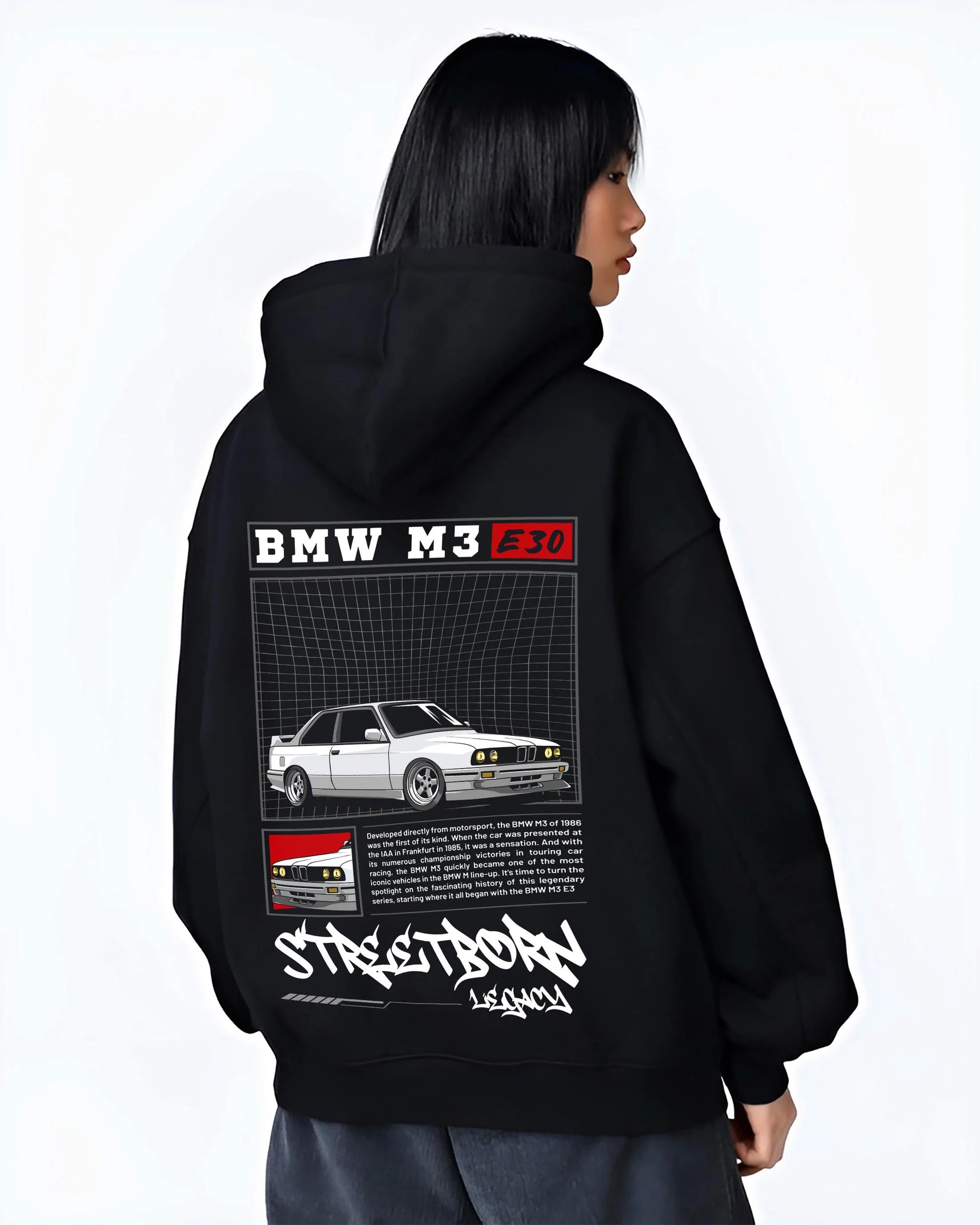 Black hoodie worn by a female model, back view, featuring BMW rs turbo racing drift motorsport euro street retro classic graphic.