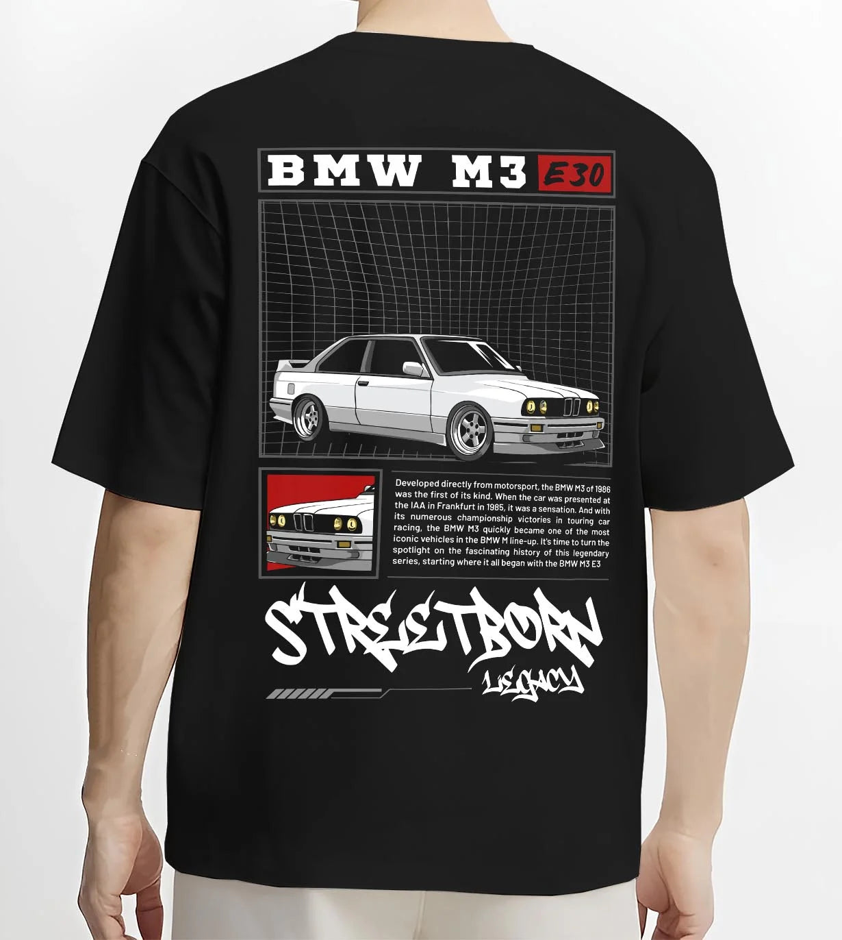 Black T-shirt worn by a male model, back view, featuring BMW rs turbo racing drift motorsport euro street retro classic graphic.