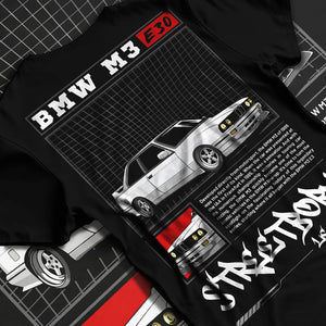 Black T-shirt laid flat with natural fabric folds, featuring BMW rs turbo racing drift motorsport euro street retro classic graphic.