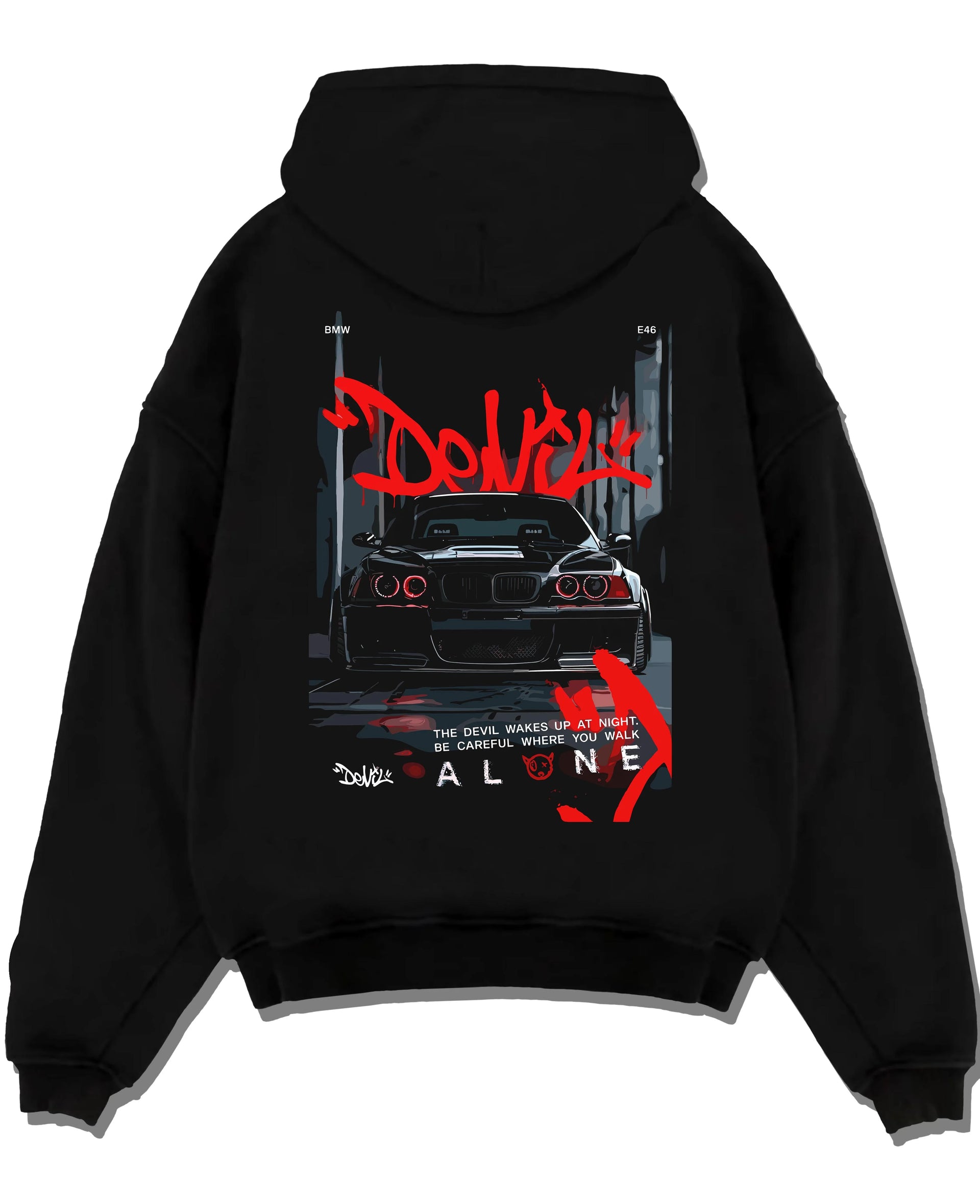 Black pullover hoodie laid flat on a white background, featuring BMW rs turbo racing drift motorsport euro german street e28cls.