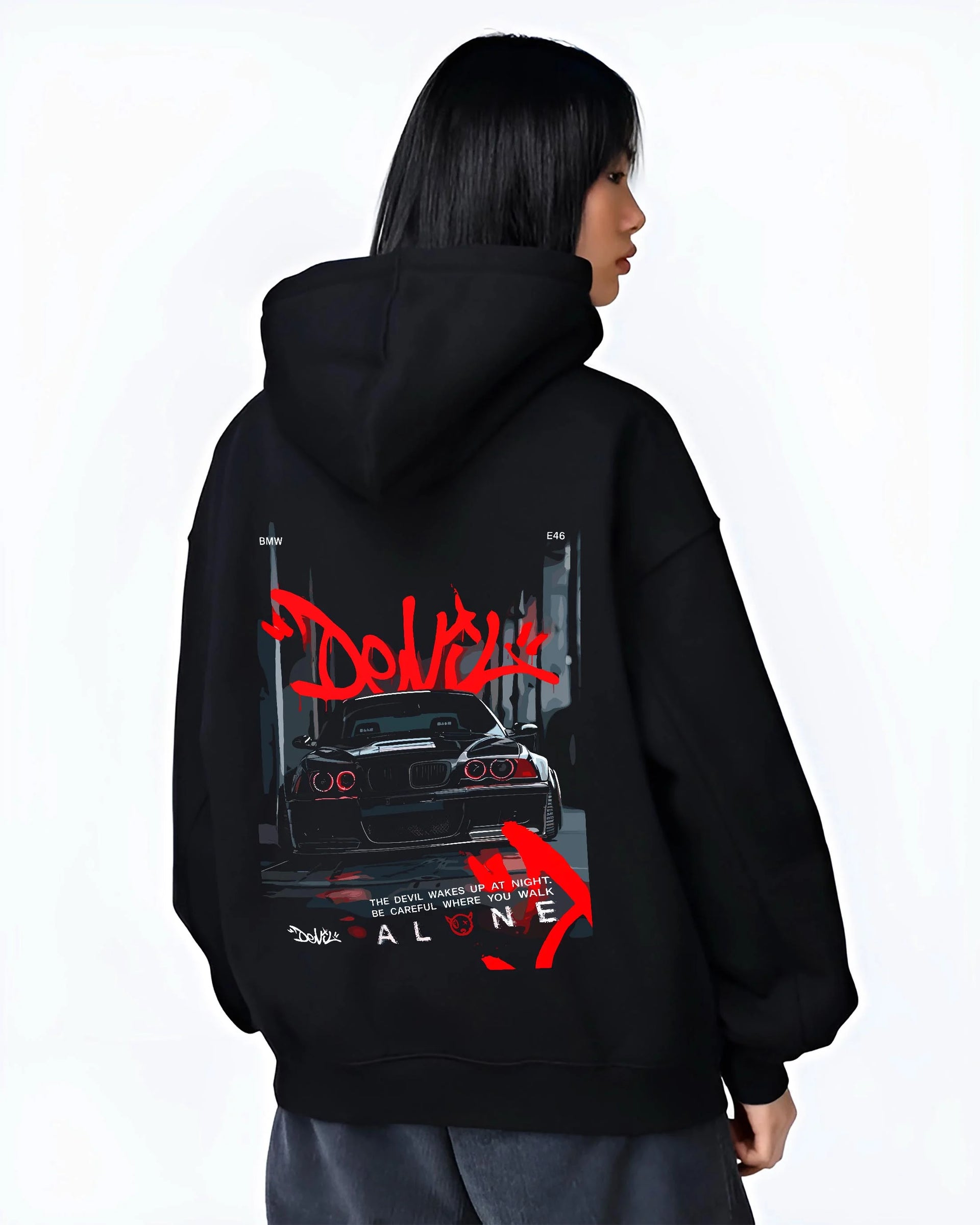 Black hoodie worn by a female model, back view, featuring BMW rs turbo racing drift motorsport euro german street retro e28cls.