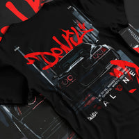 Black T-shirt laid flat with natural fabric folds, featuring BMW rs turbo racing drift motorsport euro german street retro e28cls.