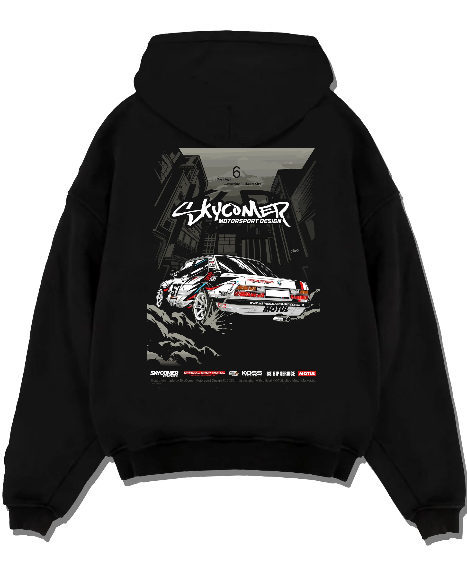 Black pullover hoodie laid flat on a white background, featuring BMW rs turbo racing drift motorsport euro german street e28s5r.
