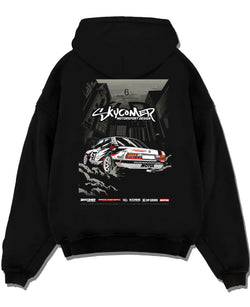 Black pullover hoodie laid flat on a white background, featuring BMW rs turbo racing drift motorsport euro german street e28s5r.