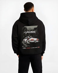 Black hoodie worn by a male model, back view, featuring BMW rs turbo racing drift motorsport euro german street retro e28s5r.