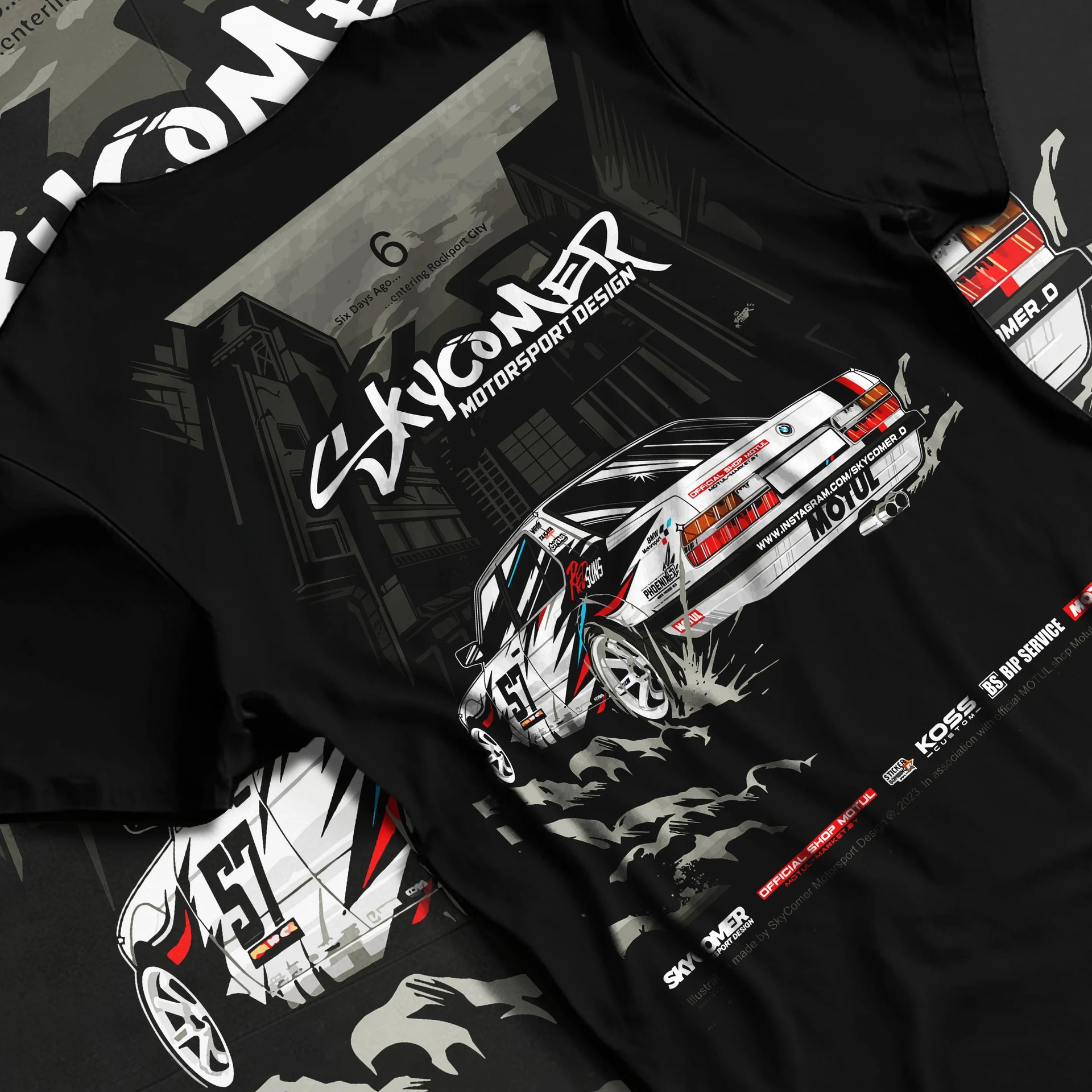 Black T-shirt laid flat with natural fabric folds, featuring BMW rs turbo racing drift motorsport euro german street retro e28s5r.