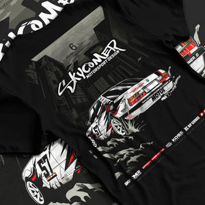 Black T-shirt laid flat with natural fabric folds, featuring BMW rs turbo racing drift motorsport euro german street retro e28s5r.