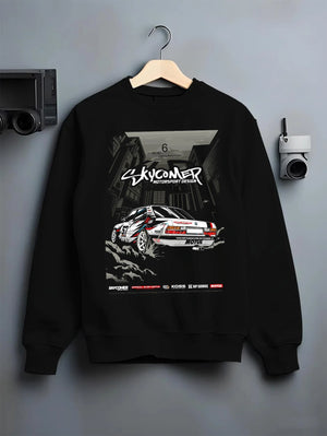 Black crewneck sweatshirt on a hanger against a grey wall, featuring BMW rs turbo racing drift motorsport euro german e28s5r.