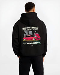 Black hoodie worn by a male model, back view, featuring BMW E30 rs turbo racing drift motorsport jdm euro street retro graphic.