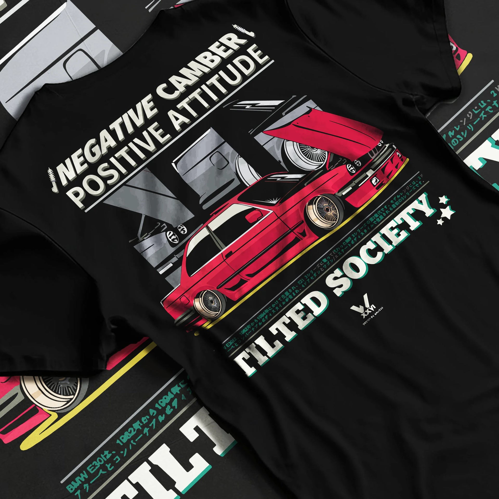 Black T-shirt laid flat with natural fabric folds, featuring BMW E30 rs turbo racing drift motorsport jdm euro street retro graphic.