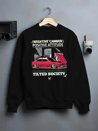 Black crewneck sweatshirt on a hanger against a grey wall, featuring BMW E30 rs turbo racing drift motorsport jdm euro graphic.