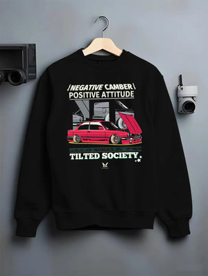 Black crewneck sweatshirt on a hanger against a grey wall, featuring BMW E30 rs turbo racing drift motorsport jdm euro graphic.
