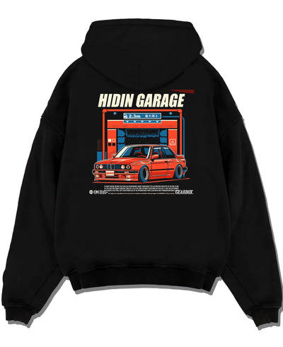 Black pullover hoodie laid flat on a white background, featuring BMW E30 racing drift jdm euro street retro classic graphic.
