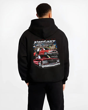 Black hoodie worn by a male model, back view, featuring BMW E30 jdm japanese retro vintage classic enthusiast graphic.