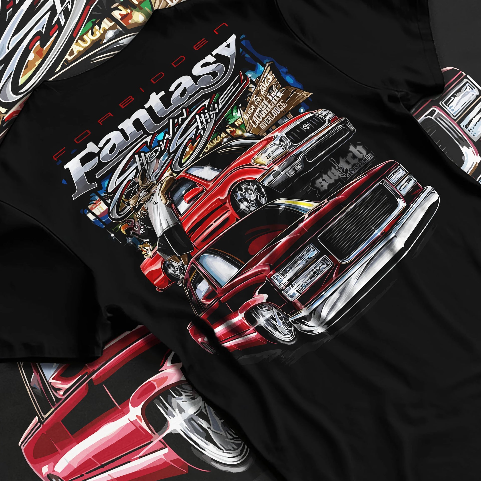 Black T-shirt laid flat with natural fabric folds, featuring BMW E30 jdm japanese retro vintage classic enthusiast graphic.