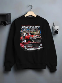 Black crewneck sweatshirt on a hanger against a grey wall, featuring BMW E30 jdm japanese retro vintage classic enthusiast graphic.