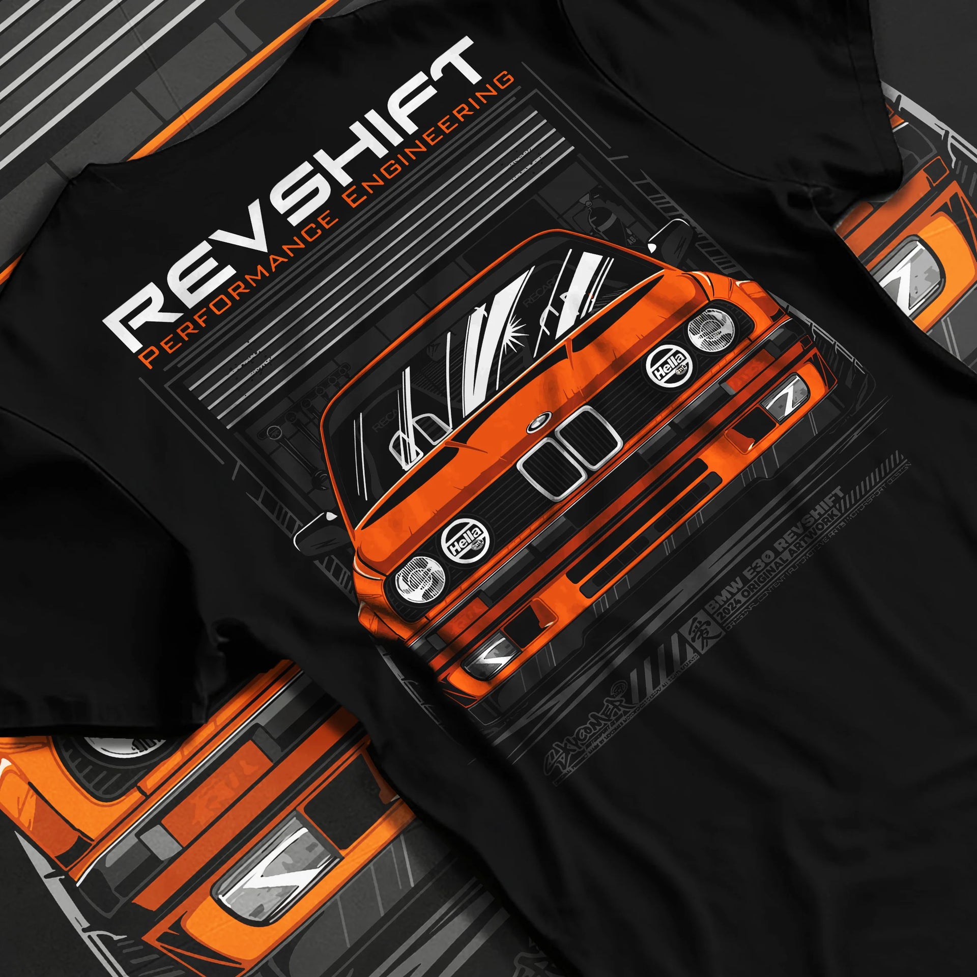 Black T-shirt laid flat with natural fabric folds, featuring BMW E30 rs motorsport street vintage classic racing graphic.