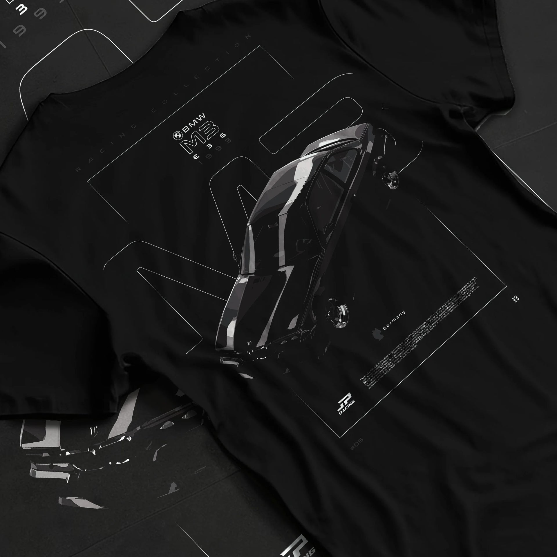 Black T-shirt laid flat with natural fabric folds, featuring BMW rs turbo racing drift motorsport german street retro graphic.