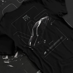 Black T-shirt laid flat with natural fabric folds, featuring BMW rs turbo racing drift motorsport german street retro graphic.