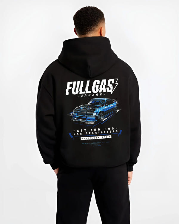 Black hoodie worn by a male model, back view, featuring BMW E36 rs racing drift motorsport jdm euro tuner street retro graphic.