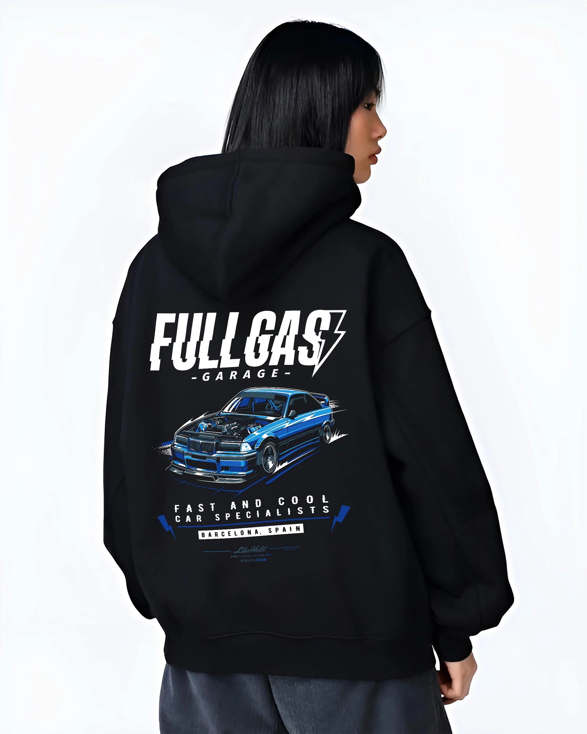 Black hoodie worn by a female model, back view, featuring BMW E36 rs racing drift motorsport jdm euro tuner street retro graphic.