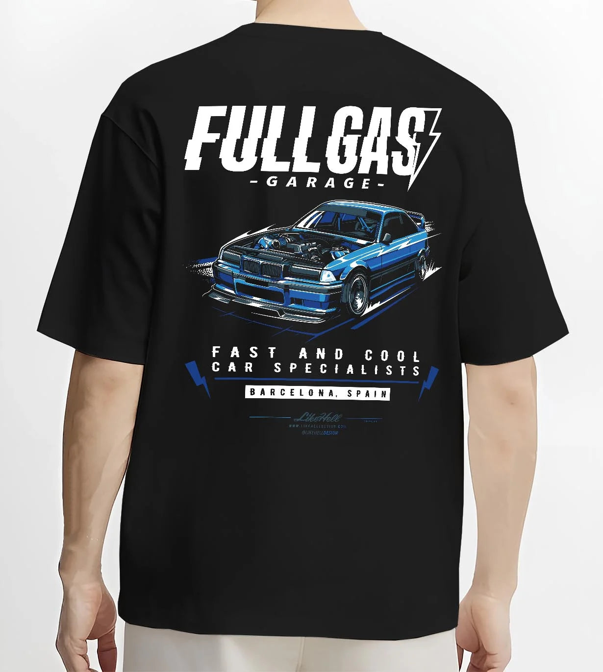 Black T-shirt worn by a male model, back view, featuring BMW E36 rs racing drift motorsport jdm euro tuner street retro graphic.