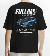 Black T-shirt worn by a male model, back view, featuring BMW E36 rs racing drift motorsport jdm euro tuner street retro graphic.