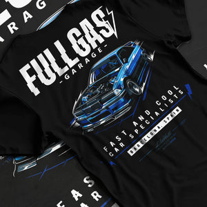 Black T-shirt laid flat with natural fabric folds, featuring BMW E36 rs racing drift motorsport jdm euro tuner street retro graphic.