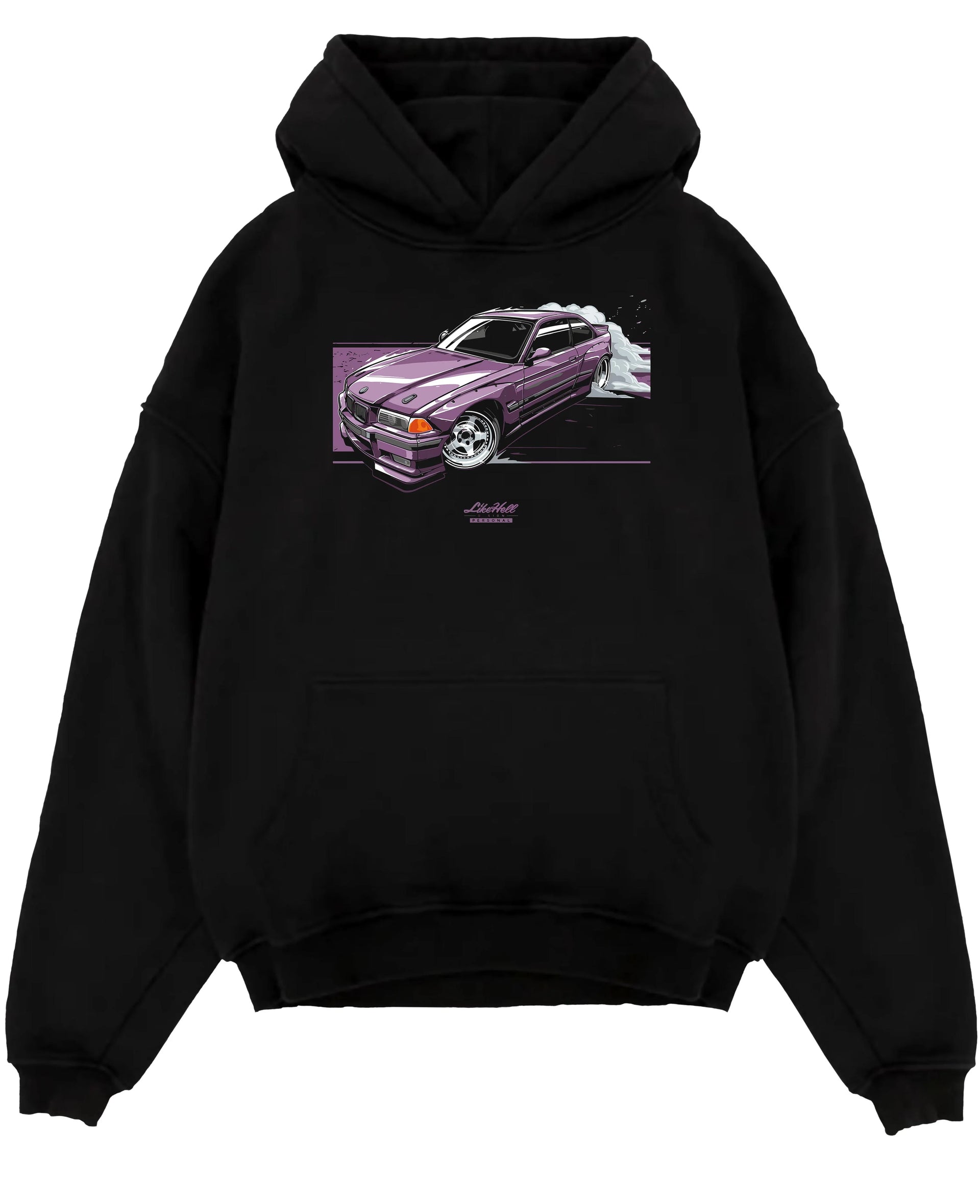 Black pullover hoodie laid flat on a white background, featuring BMW E36 rs turbo racing drift motorsport jdm euro street graphic.