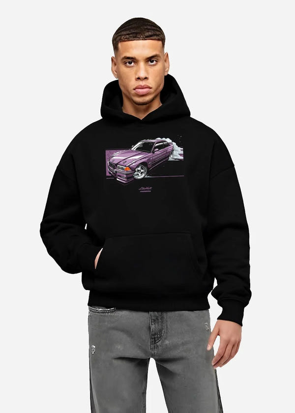 Black hoodie worn by a male model, front view, featuring BMW E36 rs turbo racing drift motorsport jdm euro street graphic.