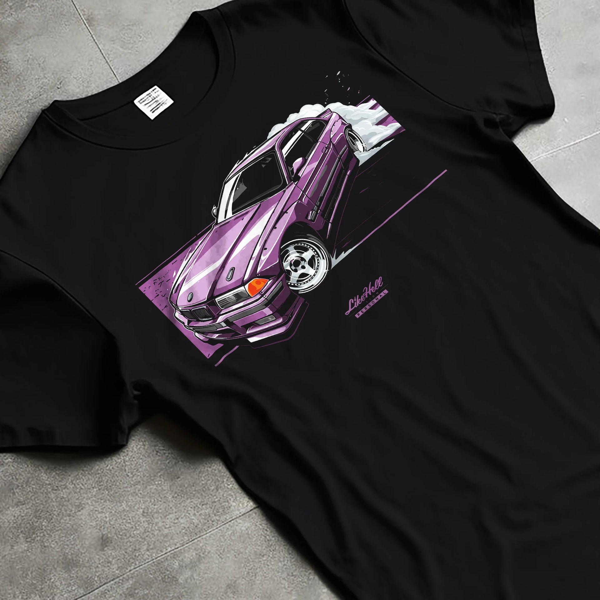 Black T-shirt laid flat with natural fabric folds, featuring BMW E36 rs turbo racing drift motorsport jdm euro street graphic.